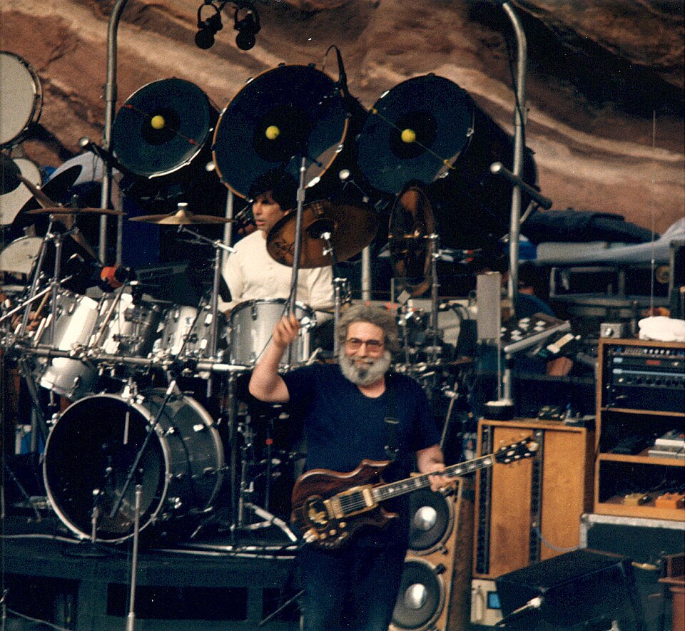 Jerry Garcia and Mickey Hart on stage at Red Rocks, 11 August 1987.